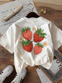 Fresh Style Short-Sleeved, Round-Neck T-Shirt With Strawberry Flower Print On Both Sides - Putih - View 3