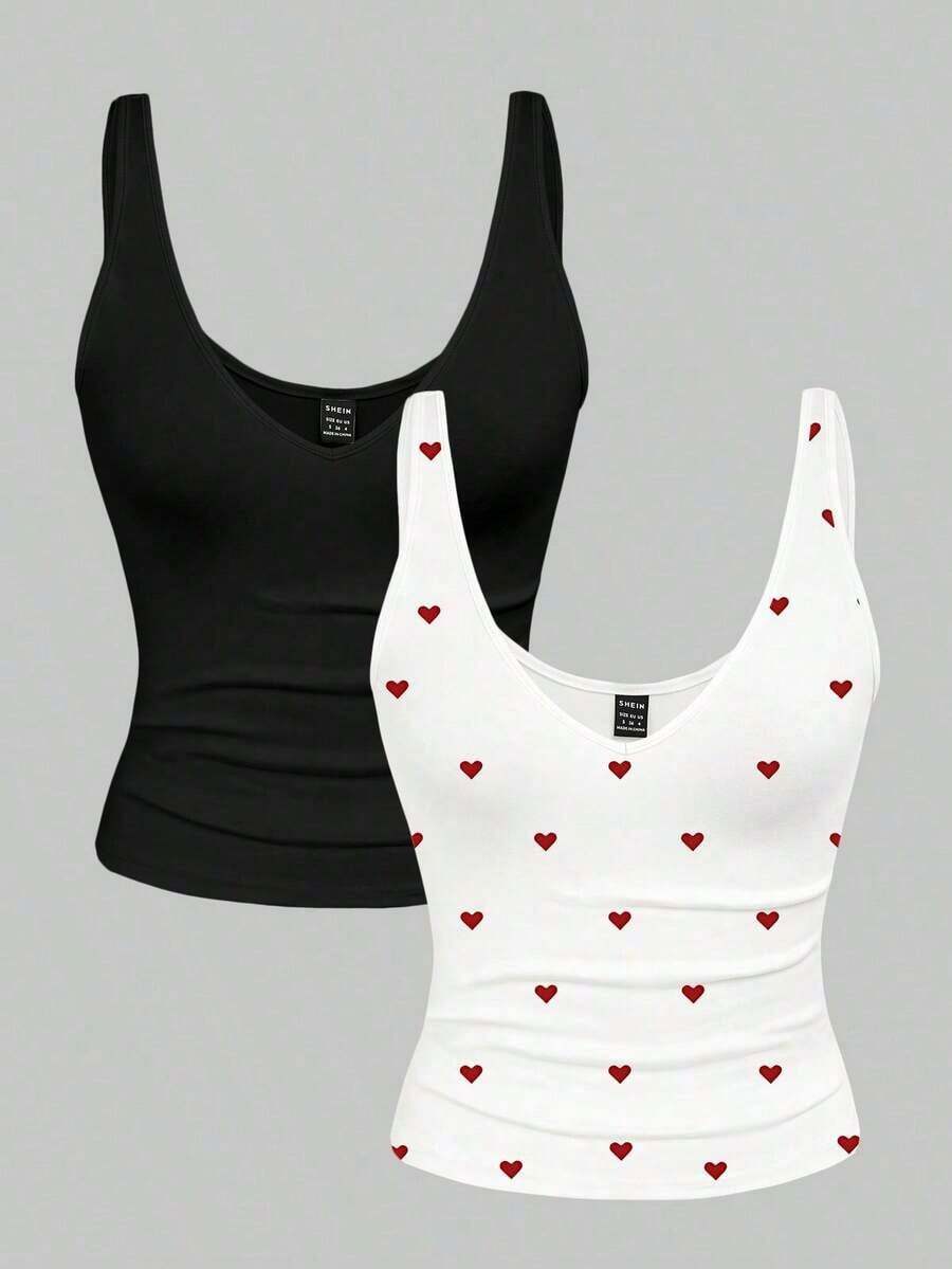 Set de 2 piezas: Pantalón corto ajustado y camiseta de tirantes de cuello en V de unicolor para mujeres - Negro - Ver 1