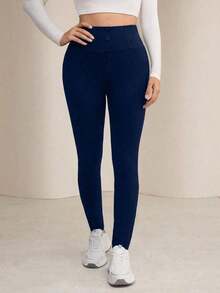 Leggings de cintura alta de unicolor cómodos y casuales para mujer - Azul marino - Ver 8