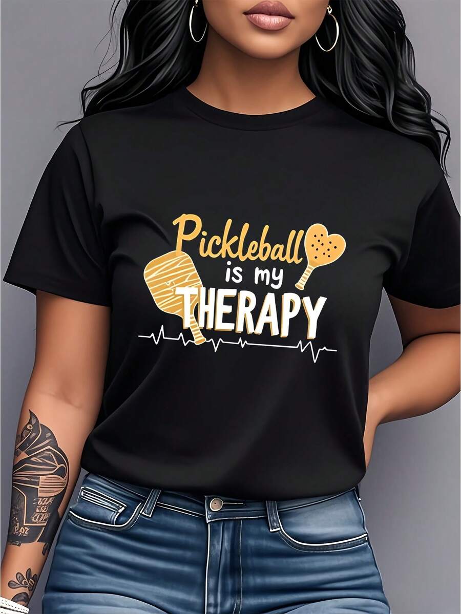 Camiseta de mujer de algodón puro, estilo casual holgado, con estampado "Paddleboarding es mi terapia", de manga corta y cuello redondo, estilo moderno, casual y único, adecuada para uso diario, deportes y fitness, regalo para entusiastas del deporte, regalo de cumpleaños, regalo para amigos. - Negro - Ver 1
