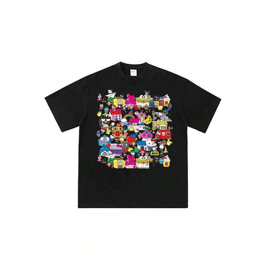Unisex Casual Loose-Fit Short-Sleeved T-Shirt With Vintage 90s Anime Cartoon Print Featuring Sanrioss Characters And Urban Collage. - 黑色 - 查看 1