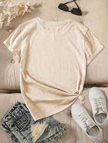 Camiseta de manga corta con cuello redondo para mujer, con estampado de gato blanco rodeado de corazones rojos, para invierno. |     Cómodo, suave, a la moda, elegante, estilo vintage, tela de elasticidad media, para todas las estaciones, opciones multicolor, tallas S-XXL. Adecuado para primavera, verano y otoño. - Albaricoque - Ver 2