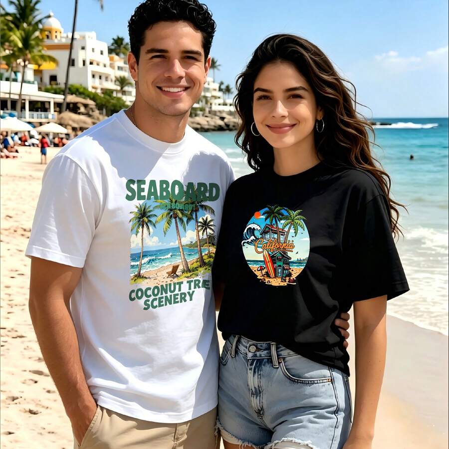 2-Piece Couple Matching Pattern T-Shirt, 100% Cotton, Loose Fit, Soft And Breathable, Casual Round Neck Short Sleeved Top Seaboard Coconut Tree Scenery Tropical Island Beach Scene Versatile Patterns No Picky Combinations Coordinated Dating Casual Travel Simple And Cartoonish Printing Styles High - 白色 - 查看 1