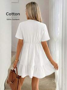 Vestido paraguas con cuello en V, lazo en los hombros, mangas caídas, cintura recogida, volantes en el bajo, de doble capa con textura de crepé 100% algodón, casual, relajado y elegante para uso diario, vacaciones, primavera y verano para mujeres - Blanco - Ver 6