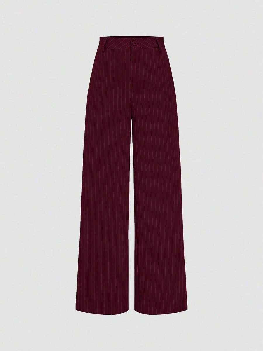 Pantalones rectos de cintura alta y pierna ancha con rayas, de moda casual para mujer en primavera - Burdeos - Ver 1