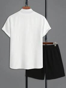 Men's Loose Casual Fashion 2-Piece Set, Short Sleeve Open Front Shirt With Drawstring Shorts, Colorblock Patchwork Style - Red - View 4
