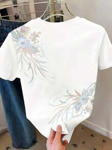 Camiseta de manga corta casual con estampado floral, versátil para el verano - Multicolor - Ver 2