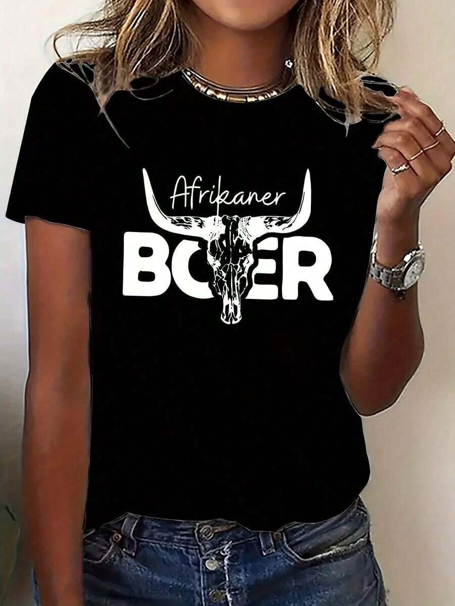 Camiseta Casual Estilo Arte Moderno, Camiseta de Manga Corta para Mujer a la Moda - Diseño de Cabeza de Yak, Transpirable y Cómoda, Cuello Redondo Casual, Tela Ligera, Adecuada para Viajes Diarios y Reuniones, Mostrando Tu Encanto. 100% Algodón, Duradera. - Negro - Ver 1