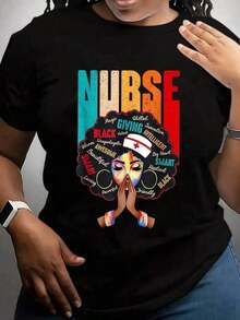 Camiseta para Mujer - Diseño del Mes de la Historia de la Enfermera con Texto Colorido de ENFERMERA, Gráfico de Enfermera Orando y Palabras Inspiradoras como Generosa, Inteligente, Increíble - Perfecta para Enfermeras - Negro - Ver 6