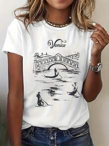 Camiseta Estampada con Gráfico Estético del Puente de Venecia, Italia, Manga Corta y Cuello Redondo, Top Casual para Verano y Primavera, Ropa de Mujer - [Blanco] - Ver 6