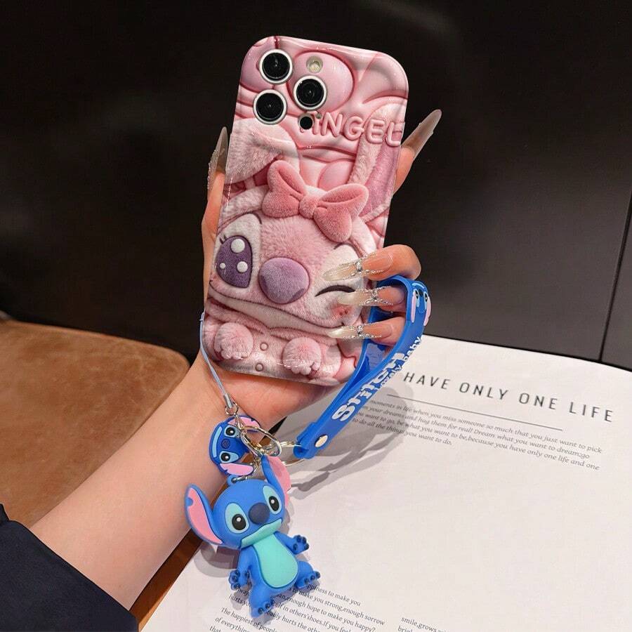 Disney Lilo And Stitch Phone Case : 3D Fluffy Pattern Border Protector Phone Soft Phone Case With A Free Cute Stitch Bracelet Chain Lanyard, Stitch, Lilo, Angel, For Apple 17 Promax 17 Pro 16 15 14 13 12 11 Pro Max XS Max X XR Soft Cover Summer Phone Case - White - View 1