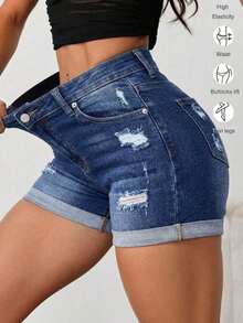 Pantalones cortos de mezclilla simples y diarios con huecos para mujeres, Shorts Mezclilla Stretch Bajo Doblez para mujeres, Jeans, Pantalones cortos vaqueros versátiles para mujer - Azul - Ver 1