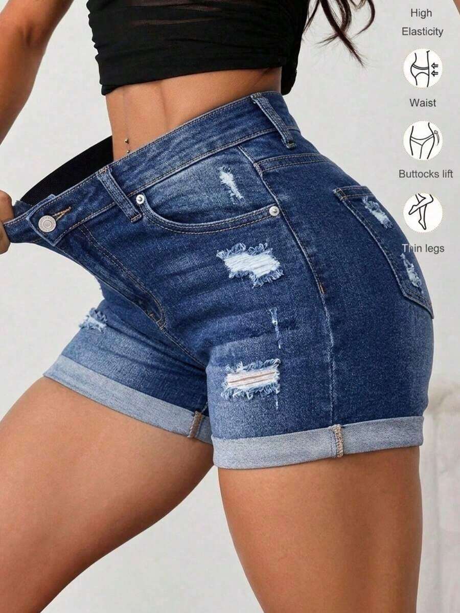 Pantalones cortos de mezclilla simples y diarios con huecos para mujeres, Shorts Mezclilla Stretch Bajo Doblez para mujeres, Jeans, Pantalones cortos vaqueros versátiles para mujer - Azul - Ver 1