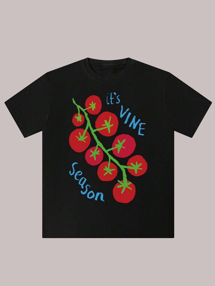 Playera Blanca Tallas Grandes para Mujer, Estampado de Jitomates con Texto "It's Vine Season", Cuello Redondo, Manga Corta, Corte Casual, Algodón Suave, Ideal para Uso Diario y Verano - Negro - Ver 1