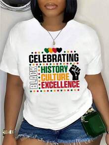 Camiseta Moderna Minimalista para Mujer con Estampado que Celebra la Excelencia Cultural, Cuello Redondo, Ropa Casual, Regalo para Ella, para Uso Diario Casual - Blanco - Ver 1