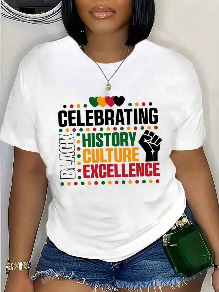 Camiseta Moderna Minimalista para Mujer con Estampado que Celebra la Excelencia Cultural, Cuello Redondo, Ropa Casual, Regalo para Ella, para Uso Diario Casual - Blanco - Ver 1