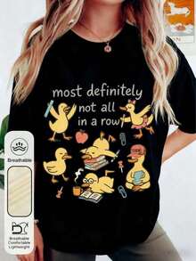 Trenfashion Women's Oversized Short Sleeve Graphic T-Shirt With Fun Duck Print And 'Definitely Not All In' Slogan, Humorous Casual T-Shirt For Teachers, Cute Duck Design T-Shirt With 'Ducks' Slogan - Yellow Short Sleeve Crew Neck Top With Duck Theme Design (Books, Pencils, Apples) - Breathable Casual Clothing For Summer And Spring, Suitable For Teachers, Events And Daily Wear, Plus Size Unisex T-Shirts. - 黑色 - 查看 1