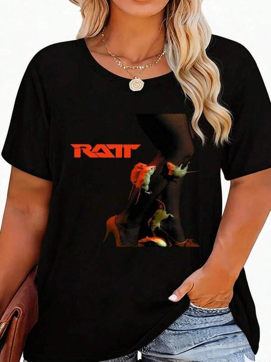 Unisex Short-Sleeved T-Shirt, Unisex Short-Sleeved T-Shirt, Women's T-Shirt With Rat Graphic, Cotton Casual Short-Sleeved Top - 黑色 - 查看 1