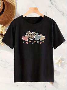 Comfortable Women's T-Shirt With Heart Letter Print - Leopard Print Heart Design, Short Sleeve, Bright Colors, Round Neck, Casual Style, Suitable For Summer And Spring, Loose And Stylish For Work, Vacation, And Everyday Wear. QIEB Women's Versatile And Loose Short Sleeve T-Shirt - 黑色 - 查看 3