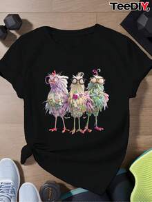 Women's Plus Size Short Sleeve Crew Neck Sports T-Shirt With Anthropomorphic Chicken Pattern Print - 黑色 - 查看 1