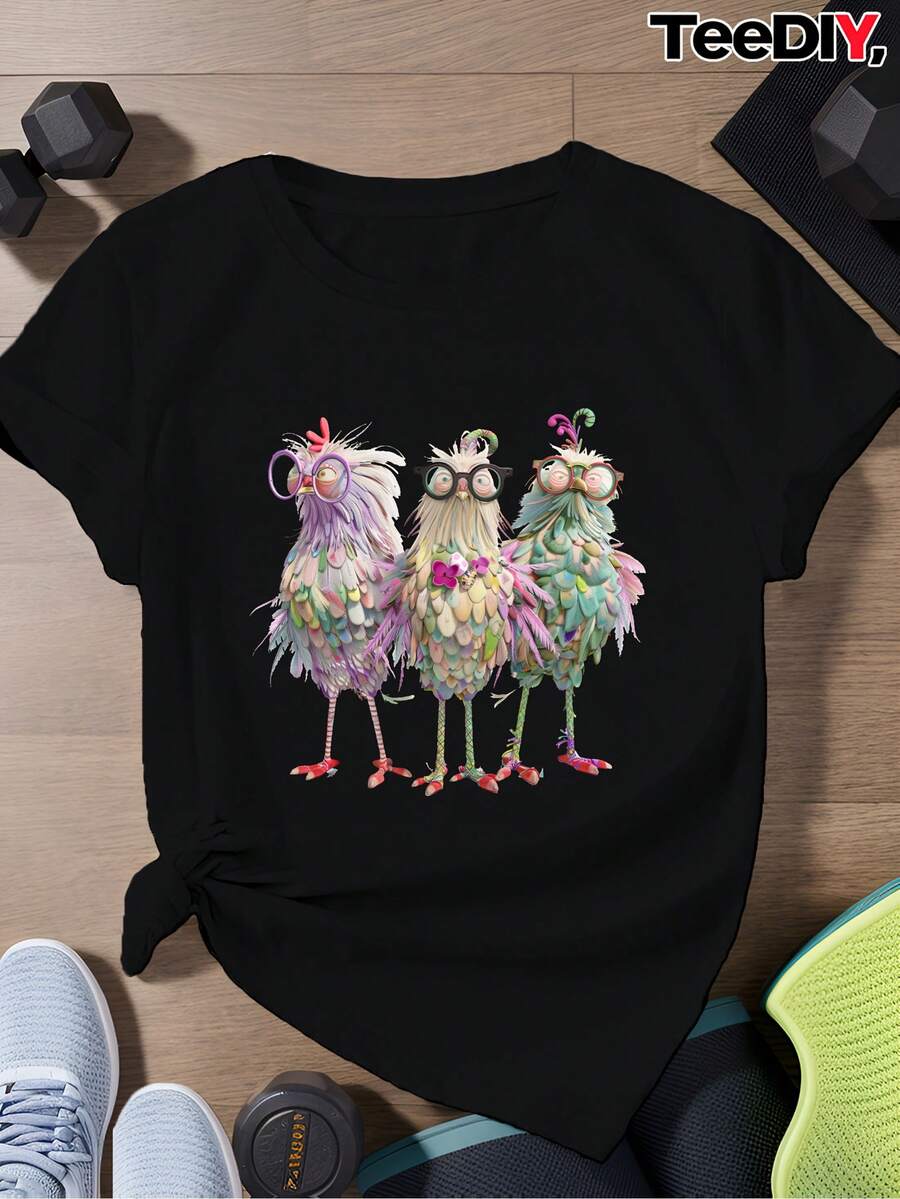 Women's Plus Size Short Sleeve Crew Neck Sports T-Shirt With Anthropomorphic Chicken Pattern Print - 黑色 - 查看 1