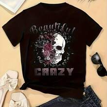 Camiseta elegante para mujer con estampado de letras - Cómoda y casual de manga corta y cuello redondo para atuendo casual y superposición con estilo - Negro - Ver 2