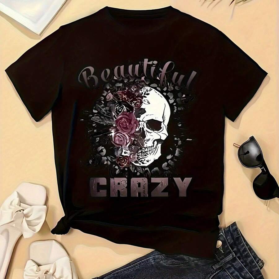 Camiseta elegante para mujer con estampado de letras - Cómoda y casual de manga corta y cuello redondo para atuendo casual y superposición con estilo