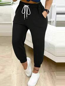 Pantalones Deportivos Casuales de Mujer con Cordón en la Cintura, Color Negro, Primavera - Caqui - Ver 7