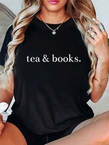 Camiseta de Mujer con Estampado de Té y Libros - Camiseta de Manga Corta 100% Holgada con Diseño de Taza de Té y Libro Abierto, Camiseta Casual y Cómoda para Amantes de los Libros, Atuendo Acogedor para Leer, Excelente Idea de Regalo - Negro - Ver 4
