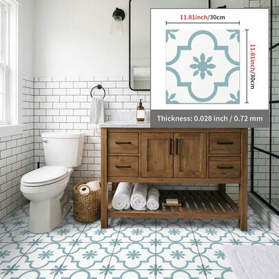 Bộ 12 miếng dán tường họa tiết hoa Pháp, miếng dán tường trang trí dày dặn phong cách retro cho phòng tắm, sàn gạch và tường nhà bếp chống trượt, có thể tháo rời.