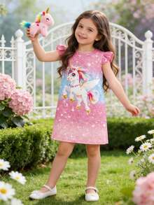 XUMPLO Young Girl' Casual Cute Rainbow Unicorn 3D Print Cap Sleeve Dress, Suitable For Daily Wear, Photo Shoot, Vacation, Party, Summer - Multicolor - View 1