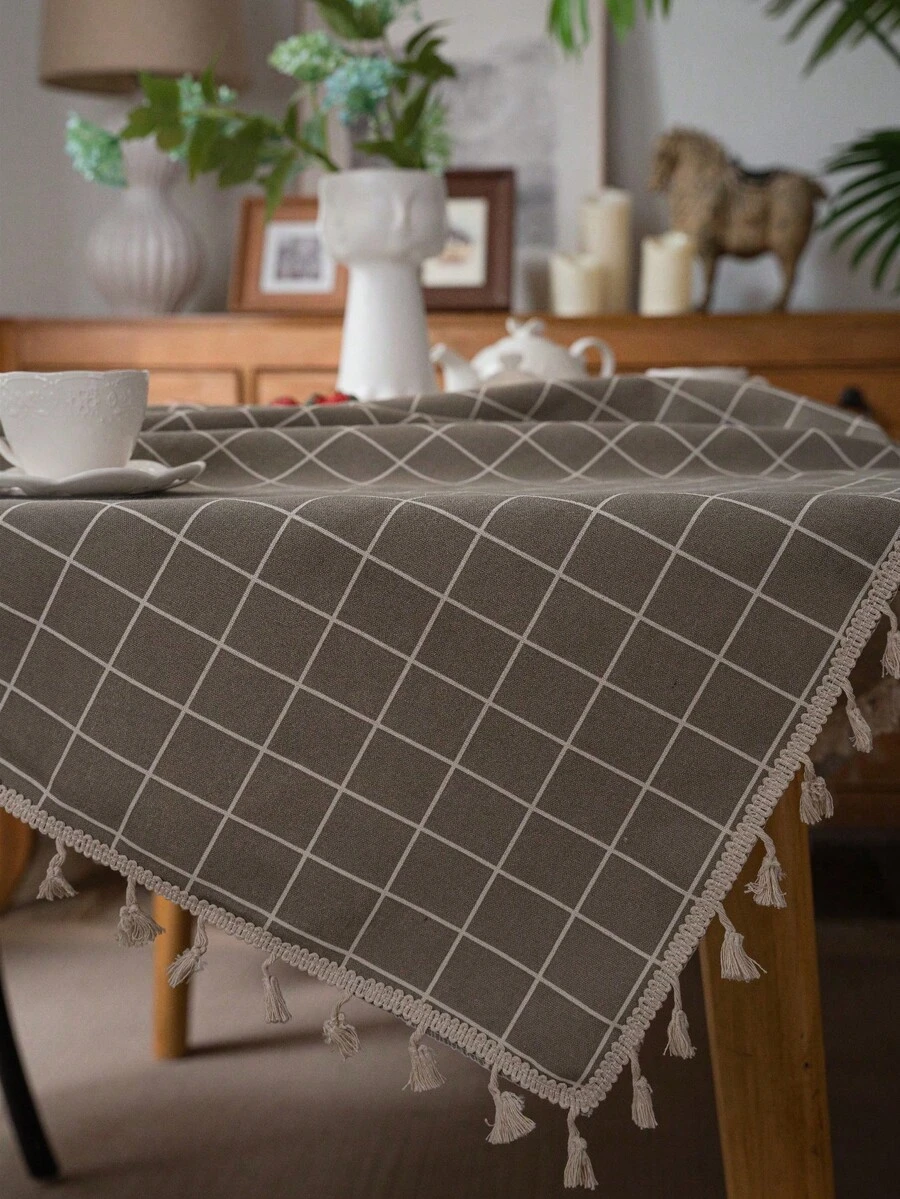 1pc Plaid Tablecloth With Tassels, Farmhouse Style Linen Tablecloth, Suitable For Kitchen, Dining Room, Party - Gray Plaid - View 1