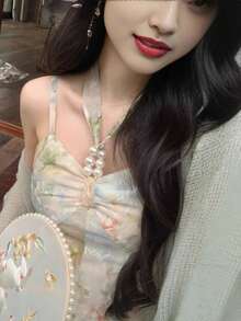 Women's Long Bohemian Dress, Halter Neckline With Pearl Appliqué, Multicolored Floral Print, Wide Princess-Style Skirt In Transparent Organza, Includes Knitted Bolero, Fresh And Elegant Style Ideal For Spring Holidays And Garden Parties. - 淺藍色 - 查看 10