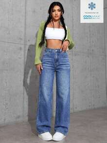 Jeans de mezclilla de unicolor minimalista para uso diario de mujer - Azul lavado oscuro 3 - Ver 3