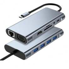 11合1 USB-C 3.0 Type-C扩展坞分线器，支持4K VGA、RJ45以太网、SD/TF读卡器、USB 3.0 87W PD快充和3.5mm AUX音频输入 - 查看 3