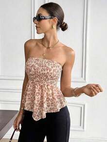 Top bandeau con volantes y estampado de leopardo, top sin tirantes, top de estilo vacacional sexy y elegante para mujer - Multicolor 2 - Ver 3