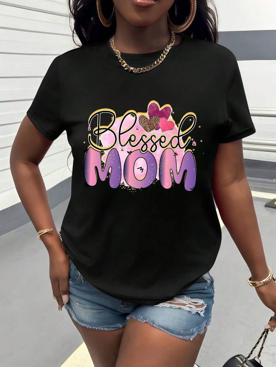 Women's Pure Cotton T-Shirt, Casual Loose Style, With "Blessed MOM" Heart Print, Short Sleeve And Round Neck Women's Clothing, Exclusive Blessing For Mother's Day, Sweet And Romantic Style, Casual And Versatile Design, Gift For The Holidays, Parent-Child Set, Best Friend Set, Essential For Outings, Comfortable And Breathable Fabric, Highlights Maternal Love, Simple And Elegant Design. - 黑色 - 查看 1
