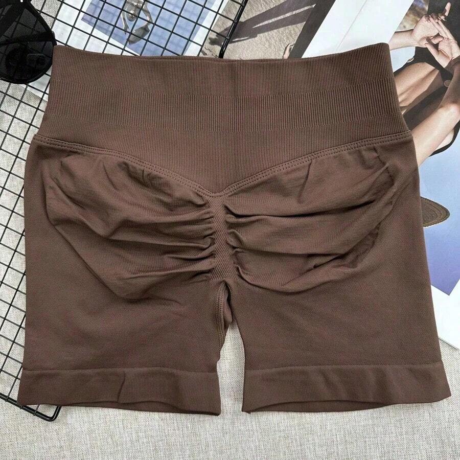 Pantalones cortos de yoga sin costuras de cintura alta para mujer - Levantamiento de glúteos elástico, adecuado para correr, fitness y actividades al aire libre| Apariencia de moda| Tela elástica de verano - Café integral - Ver 1
