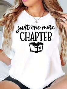 Women's Crew Neck T-Shirt With "Just One More Chapter" Book Print, Casual Loose Fit Graphic Tee For Book Lovers, Blouse, Shirt > Beautiful. - Black - View 5