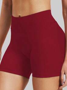 Pantalones cortos de yoga sin costuras de cintura alta para mujer - Levantamiento de glúteos elástico, adecuado para correr, fitness y actividades al aire libre| Apariencia de moda| Tela elástica de verano - Rojo - Ver 8