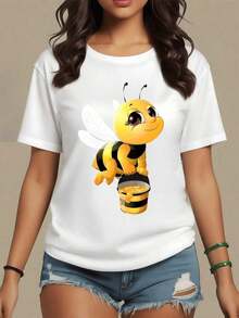 Smiling Bee With White Wings Holding A Bucket Of Honey, Representing Sweetness, Hard Work, And Harmony With Nature. Women's Casual, Comfortable, Modern T-Shirt For Everyday Wear - Vintage Street Style Unisex Loose Cotton Short Sleeve Crew Neck Shirt - 白色 - 查看 1