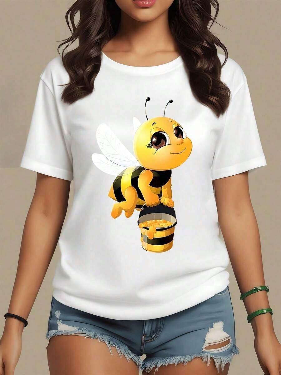 Smiling Bee With White Wings Holding A Bucket Of Honey, Representing Sweetness, Hard Work, And Harmony With Nature. Women's Casual, Comfortable, Modern T-Shirt For Everyday Wear - Vintage Street Style Unisex Loose Cotton Short Sleeve Crew Neck Shirt - 白色 - 查看 1