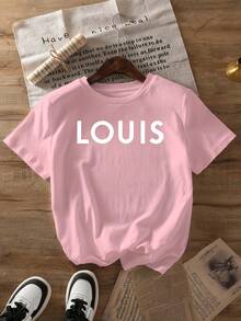 Designed For Modern, Stylish, And Comfortable Women, The Minimalist LOUIS Letter Print T-Shirt Is A Casual, Short-Sleeved, Crew-Neck Top Suitable For Both Spring And Summer. Made From A Soft, Breathable Premium Fabric, It's Designed For All-Day Comfort And Versatile Everyday Wear, Perfect For Casual Outings. - 杏色 - 查看 8