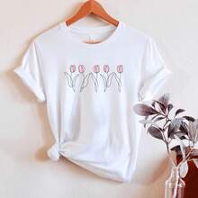 Tulip Shirt, Botanical Floral Gardening Design T-Shirt, Spring Tulip And Wildflower Gardens, Line Drawing Tulip Illustration On Pink, Keukenhof Holland Women's Blouses > Designer Blouses For Ladies - 白色 - 查看 5