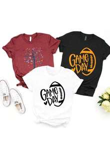 Fashion Item: Women's Casual Short-Sleeved T-Shirt With Football Print, Suitable For Wearing On Game Day; Women's Short-Sleeved Round Neck T-Shirt, Made Of Pure Cotton, Breathable, Casual Sporty Style; Holiday Gift; Spring T-Shirt With Butterfly Print, Suitable For Easter. - 黑色 - 查看 6