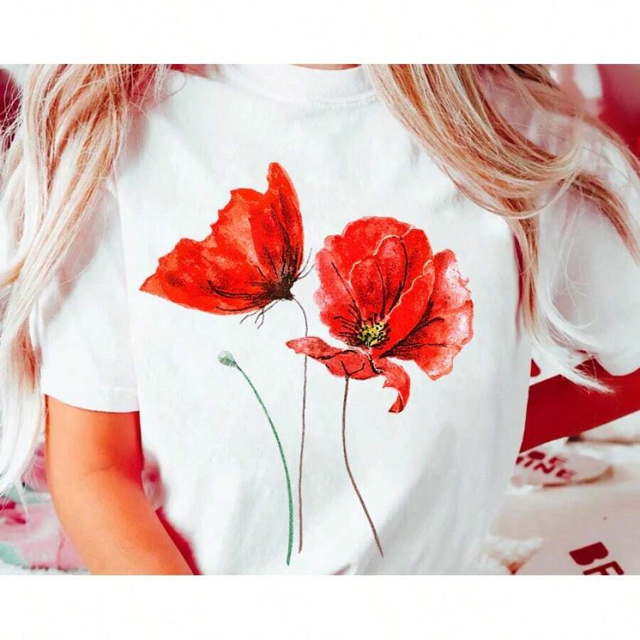 Red Poppy Flower Shirt: Watercolor Floral Tee, Botanical Garden Topblusas para mujer>camisa blusas para dama - Blanco - Ver 1