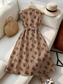 Vestido casual de mujer sin mangas con estampado de plantas y diseño de una sola hilera de botones - Marrón Mocha - Ver 2