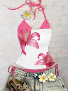 Este top deportivo sin espalda con estampado contrastante para mujer es perfecto para viajes a la isla, salidas a la playa, vacaciones, uso diario, festivales de música, fiestas y otras ocasiones. - Multicolor 6 - Ver 1