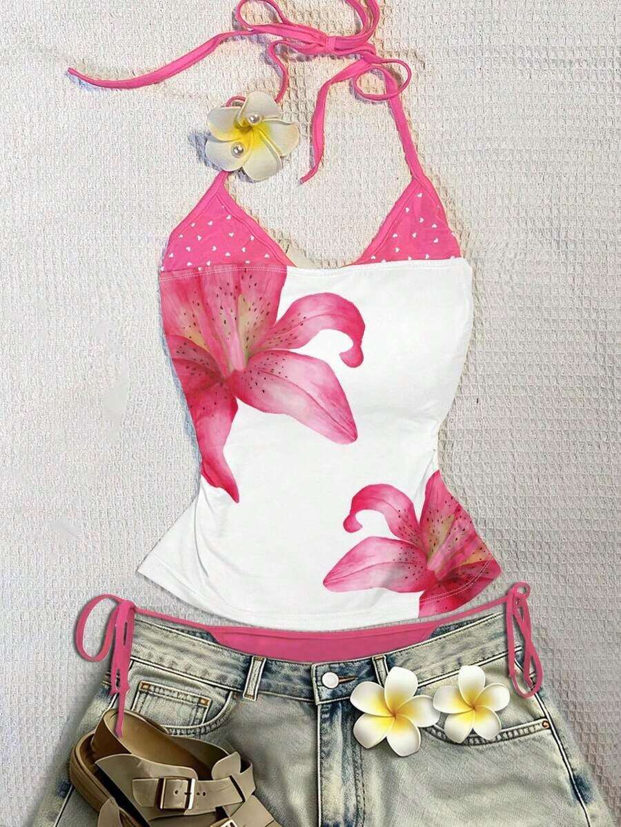 Este top deportivo sin espalda con estampado contrastante para mujer es perfecto para viajes a la isla, salidas a la playa, vacaciones, uso diario, festivales de música, fiestas y otras ocasiones. - Multicolor 6 - Ver 1