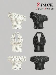 Set de 2 blusas casuales de mujer de ajuste ceñido y unicolor, que se pueden usar de 3 maneras diferentes - Blanco y Negro - Ver 1